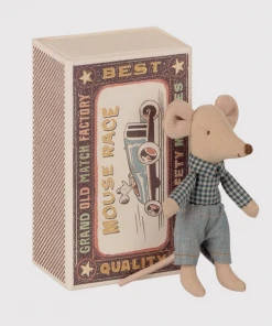 Maileg Blue Check Shirt and Blue Shorts Little Brother Mouse In a Matchbox