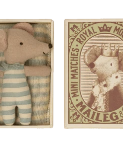 Maileg Baby Mouse Sleepy/wakey In Matchbox - Boy (blue Striped Sleeping Bag)