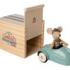 Maileg Mouse with Blue Car and Garage