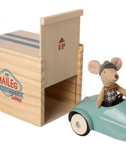 Maileg Mouse with Blue Car and Garage