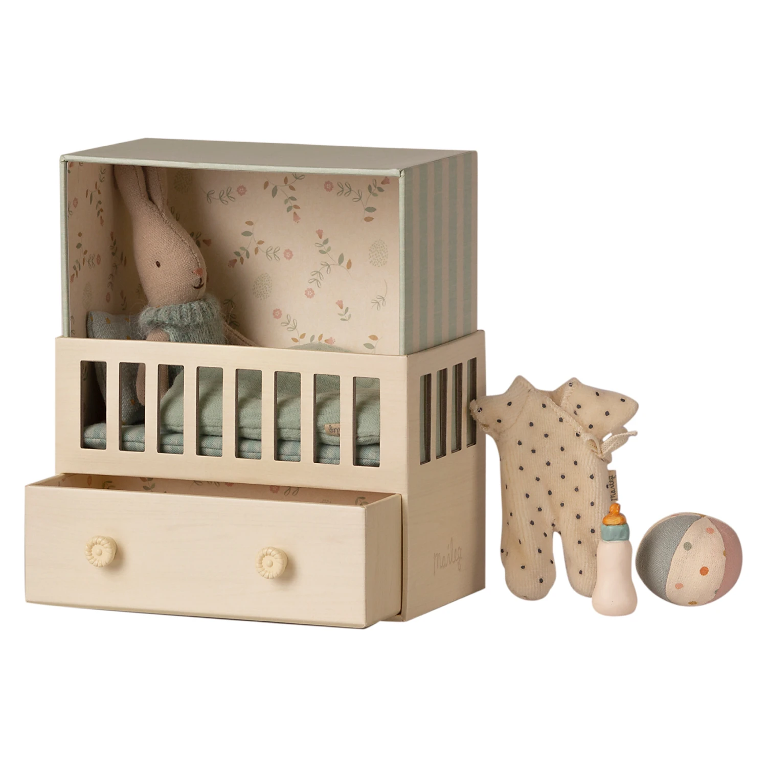 Maileg Baby Room Set with Micro Rabbit - Mint Blue 1 Maileg Baby Room Set with Micro Rabbit - Mint Blue