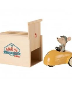 Maileg Mouse with Yellow Car and Garage.