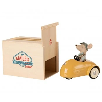 Maileg Mouse with Yellow Car and Garage. 1 Maileg Mouse with Yellow Car and Garage.