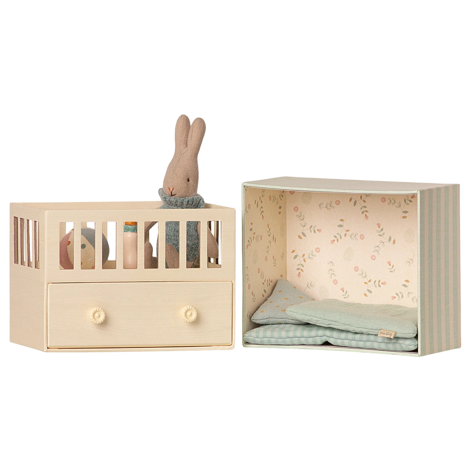 Maileg Baby Room Set with Micro Rabbit - Mint Blue 3 Maileg Baby Room Set with Micro Rabbit - Mint Blue