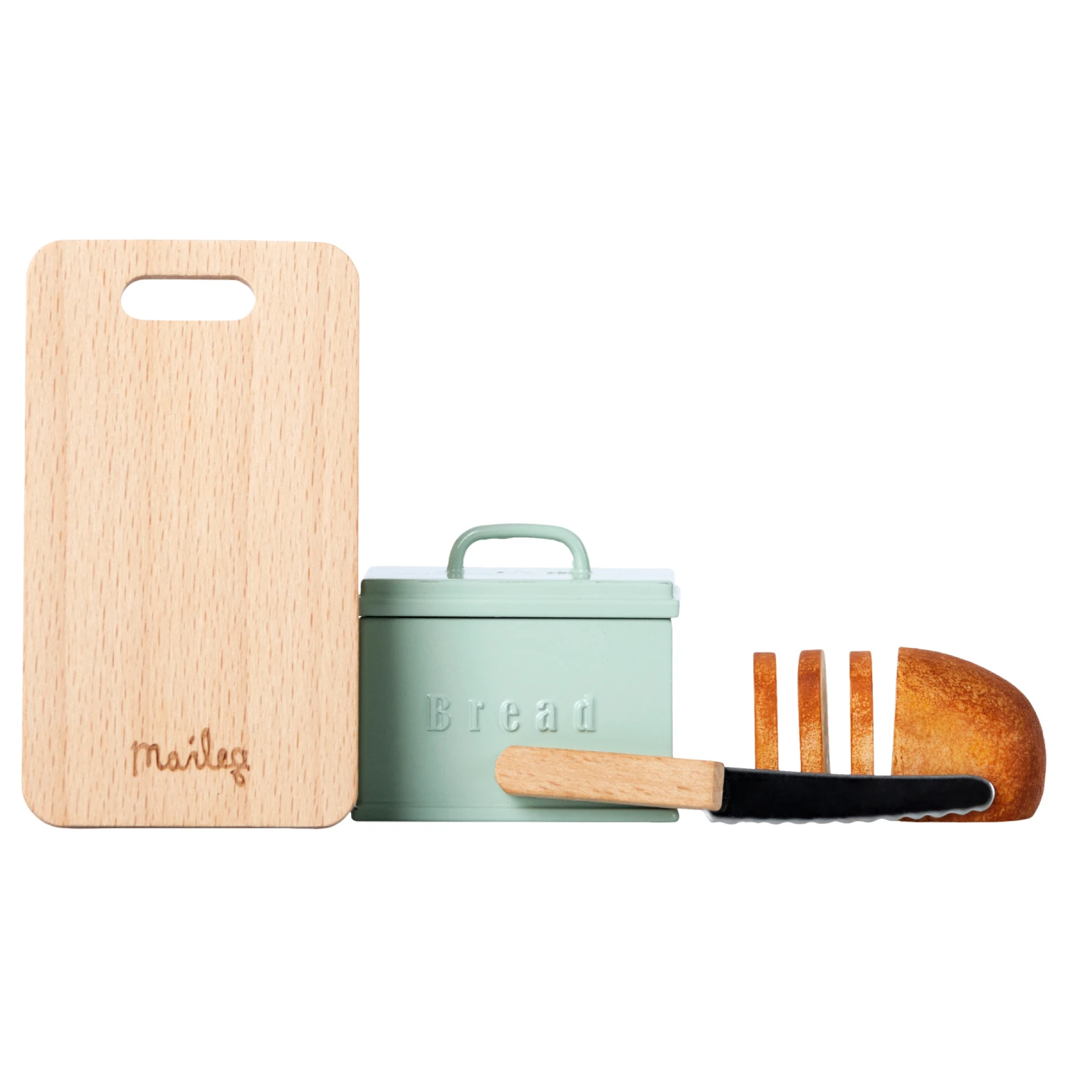 Maileg Miniature Bread Box, Cutting Board and Knife - Mint 2 Maileg Miniature Bread Box, Cutting Board and Knife - Mint
