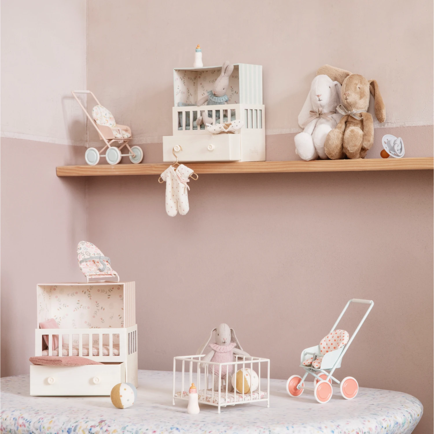 Maileg Baby Room Set with Micro Rabbit - Mint Blue 2 Maileg Baby Room Set with Micro Rabbit - Mint Blue