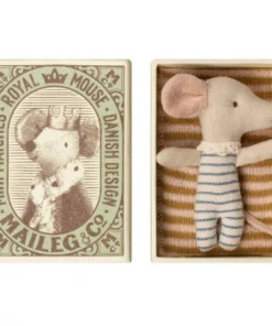 Maileg Blue and White Striped Sleepy and Wakey Mouse in Matchbox Toy