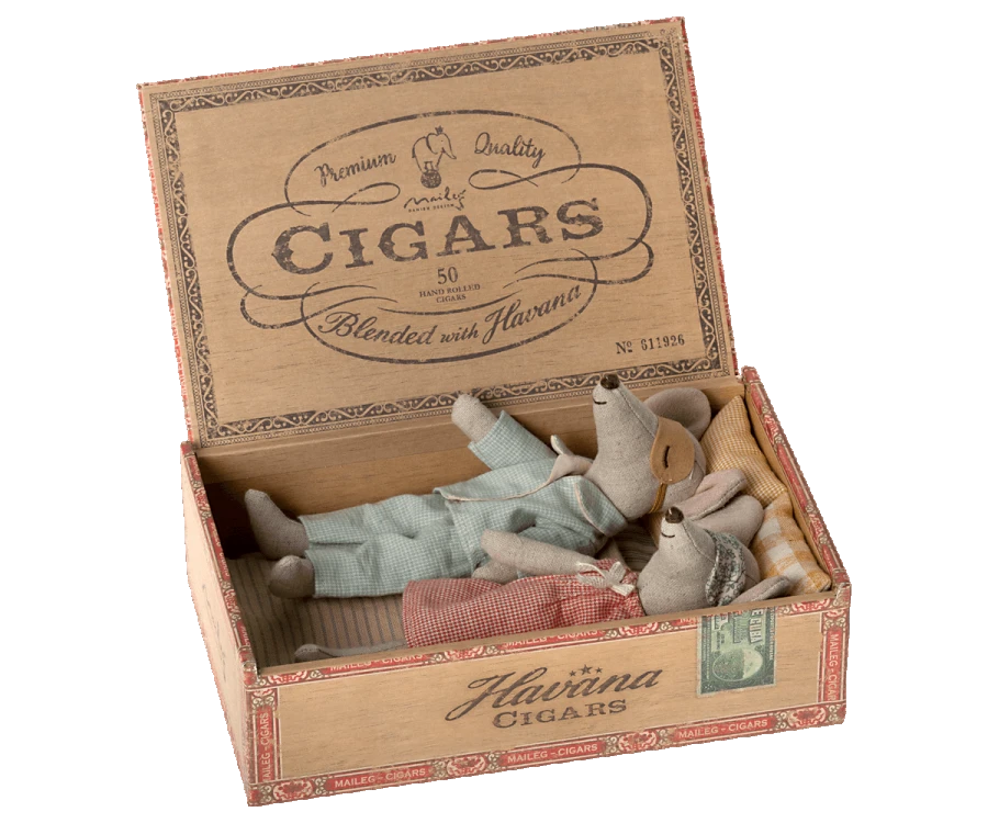 Maileg Mum Dad Mice in Cigar Box Bed 1 Maileg Mum Dad Mice in Cigar Box Bed