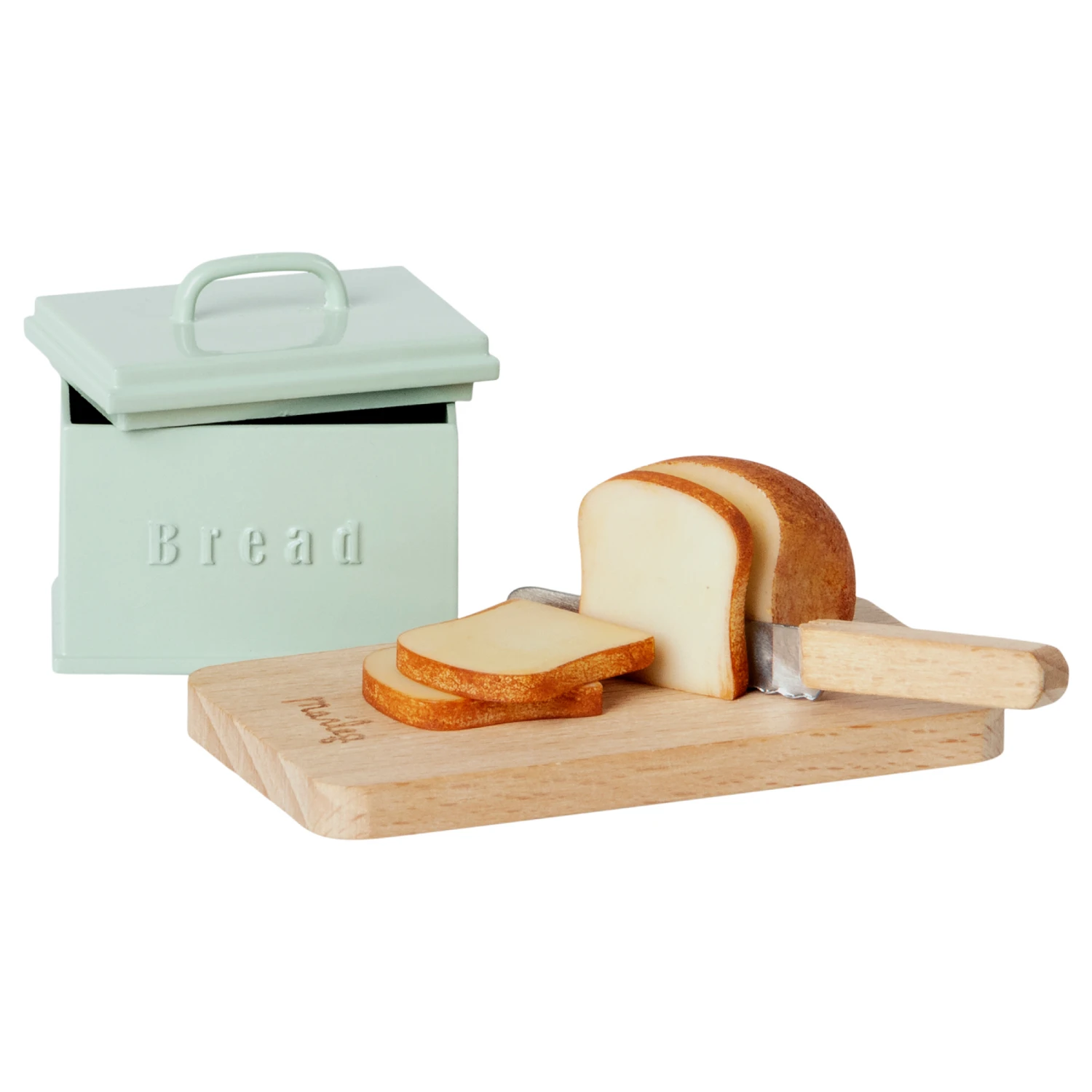 Maileg Miniature Bread Box, Cutting Board and Knife - Mint 1 Maileg Miniature Bread Box, Cutting Board and Knife - Mint
